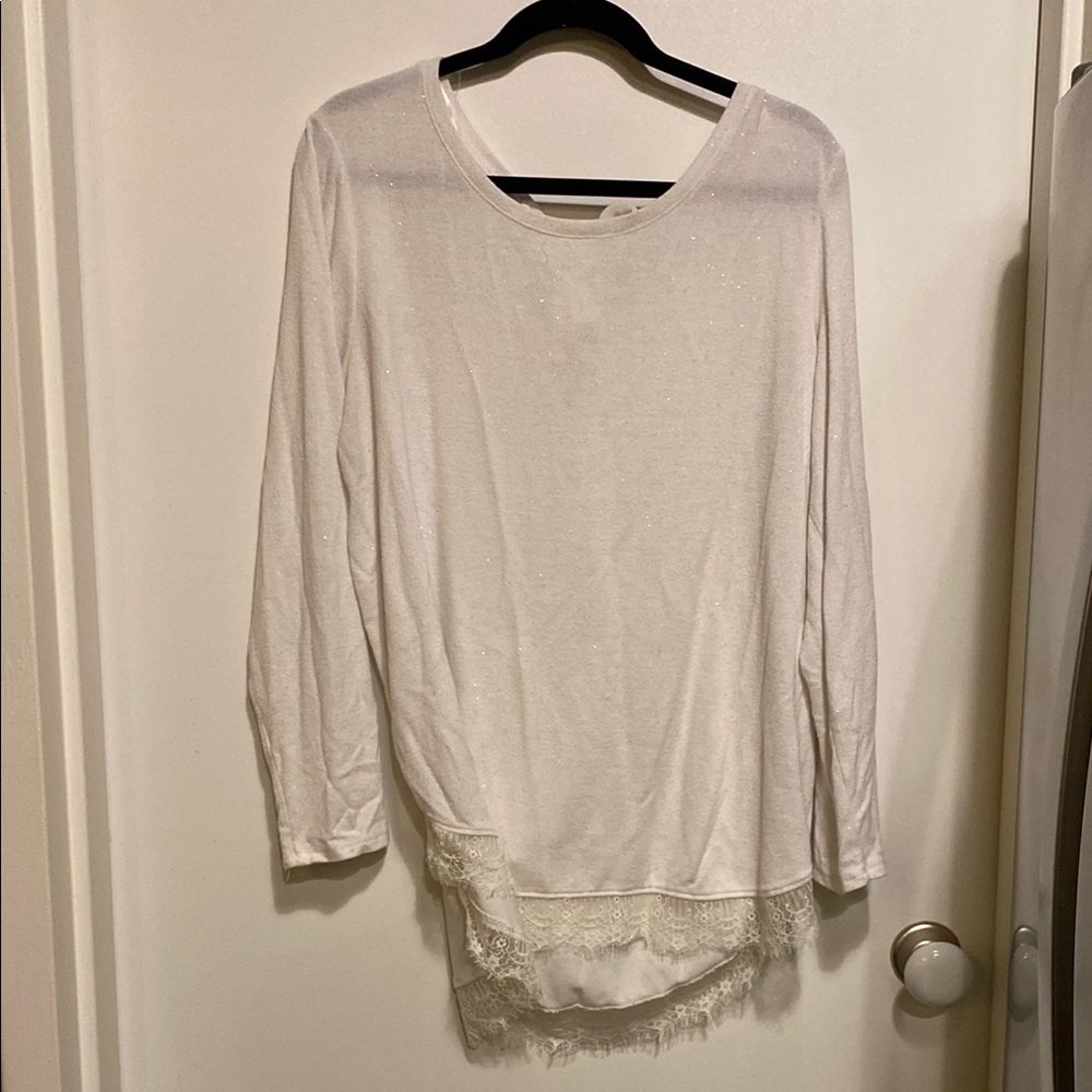 Elegant Sparkly White Lace Hem with Bow Women's Top